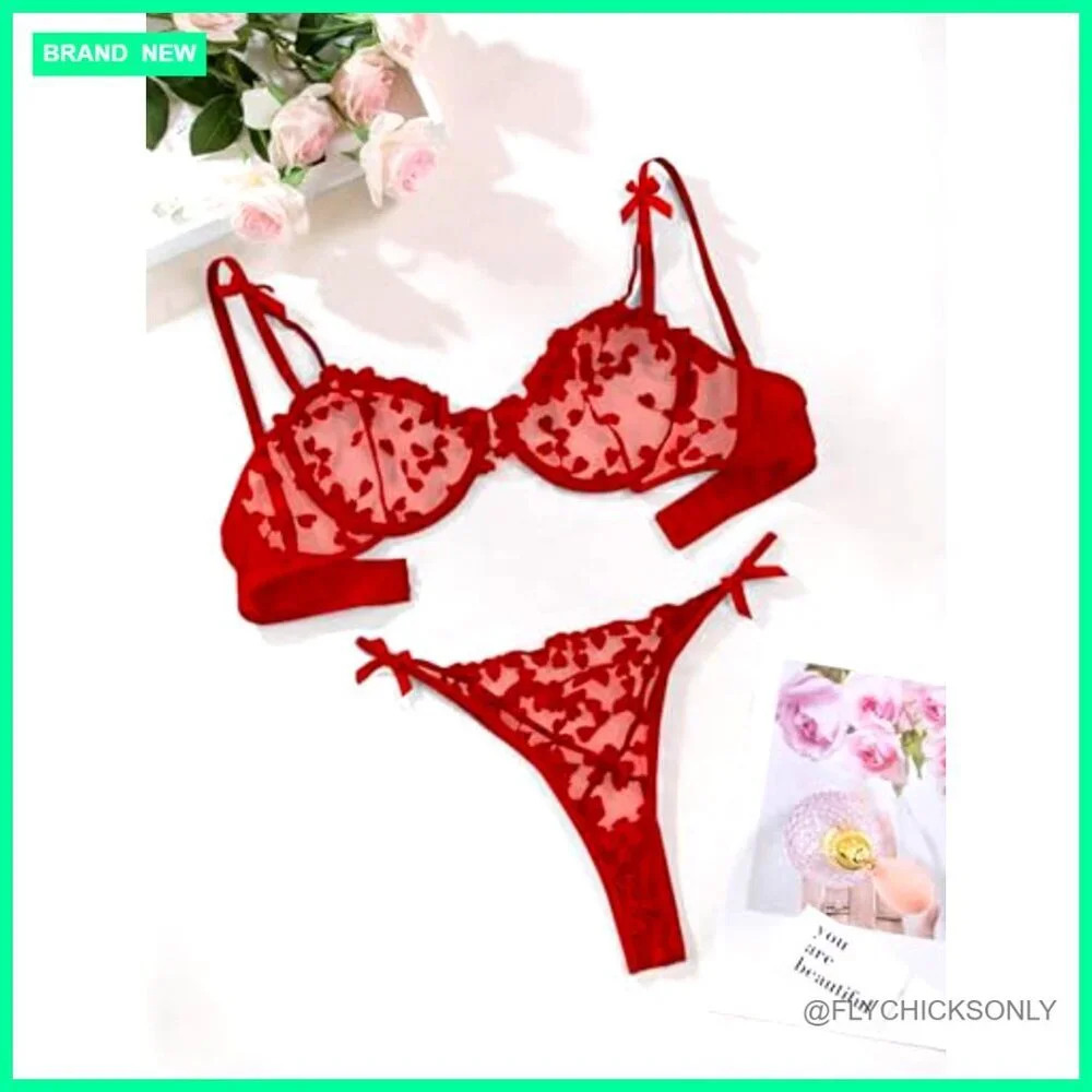 Underwire Push Up Lingerie Set Embroidered Mesh Sheer Strappy